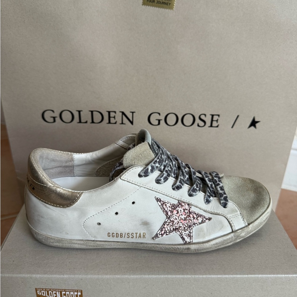 Authentic Golden Goose White and Gold with Pink glitter star Sneakers